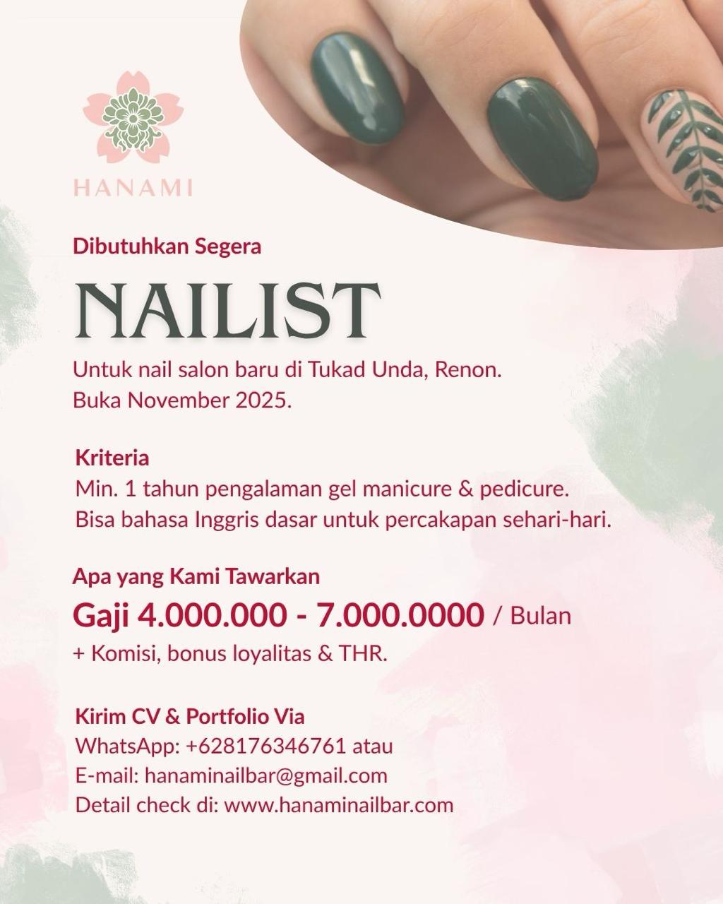 Hiring poster for nail artists at Hanami Nail Bar. Features elegant hands with beautiful nail art.