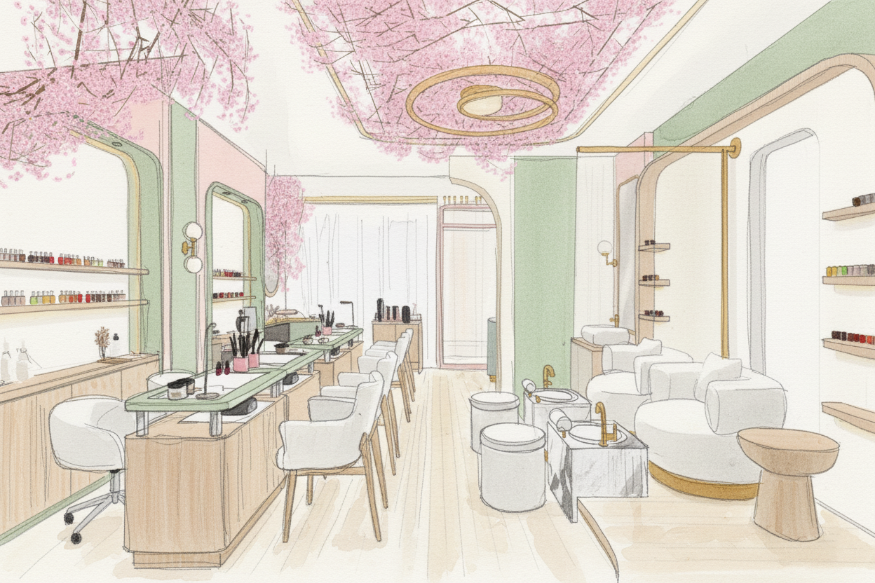 Pencil drawing of the Hanami Nail Bar salon interior